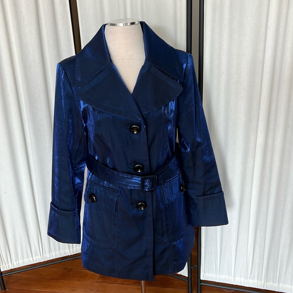 Hillary Radley New York Iridescent Cobalt Blue Trench Coat with Belt Size Small
